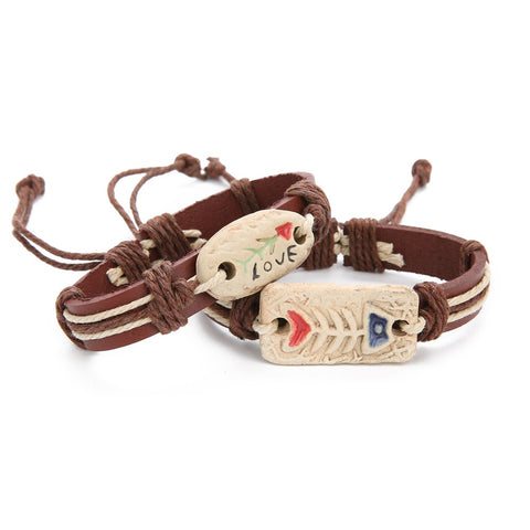 Linsoir Fashion Animal Fish Cock Heart Leather Bracelet Handmade Ceramics Animal Bracelet For Men Men Wrist Band Gifts