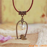 Flyleaf Handmade Retro Bronze Bird Imitation Pearl Long Leather chain necklaces & pendants for women Vintage Jewelry
