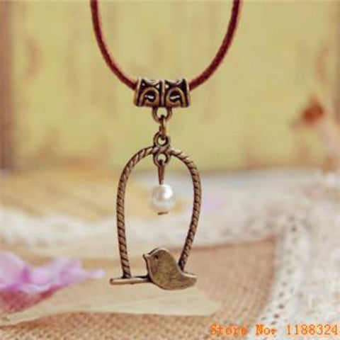 Flyleaf Handmade Retro Bronze Bird Imitation Pearl Long Leather chain necklaces & pendants for women Vintage Jewelry